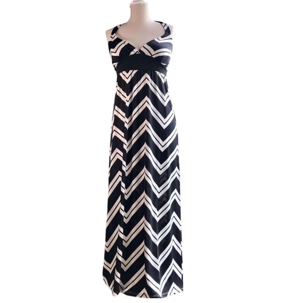 Cristina Love Halter Maxi Dress Chevron Zigzag Stripes Black in Size Small